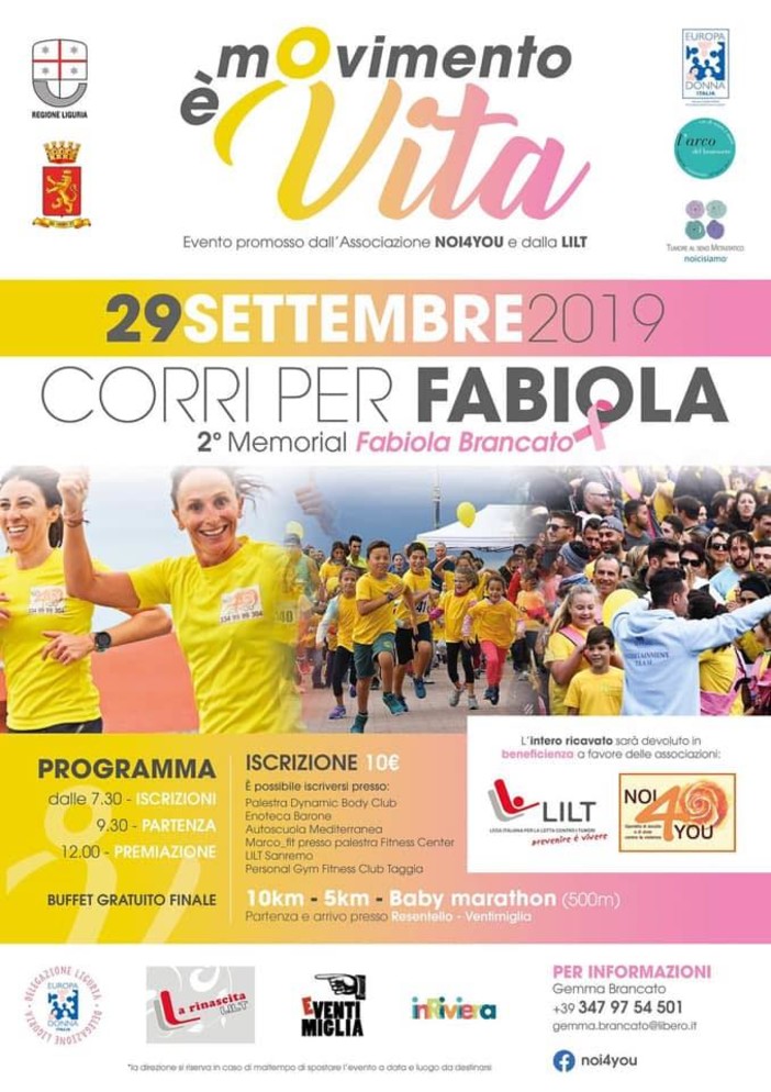 Ventimiglia: domenica 9 ottobre la quarta edizione di “Corri per Fabiola”