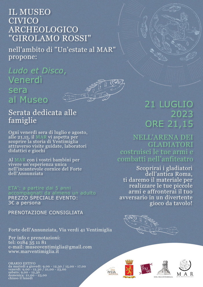 Doppio appuntamento al MAR di Ventimiglia con ‘Ludo et Disco, venerdì sera al Museo’ e ‘Il Museo al brillar di stelle’