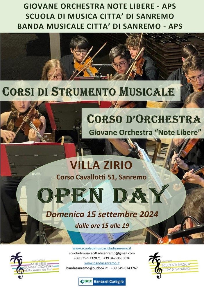 Sanremo: a Villa Zirio Open day delle associazioni Note Libere, Giovane Orchestra, scuola Città di Sanremo e Banda della città