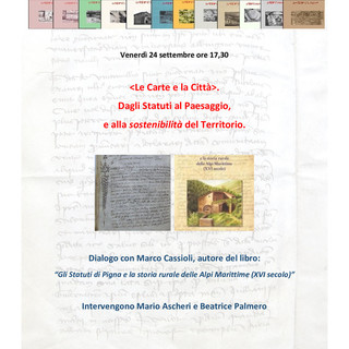 Ventimiglia: venerdì l'incontro “Le carte e la città, dagli statuti alla tutela del paesaggio e alla sostenibilità del territorio”