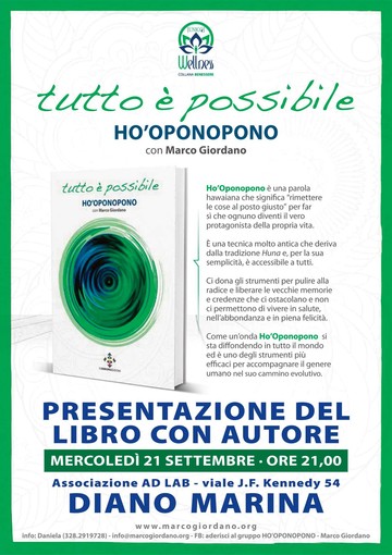 Diano Marina: mercoledì 21 settembre la presentazione del libro 'Tutto è possibile - Ho’Oponopono' di Marco Giordano