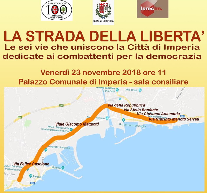 Imperia: venerdì prossimo in Comune l'iniziativa sulle 6 vie dedicate ai combattenti che uniscono la città