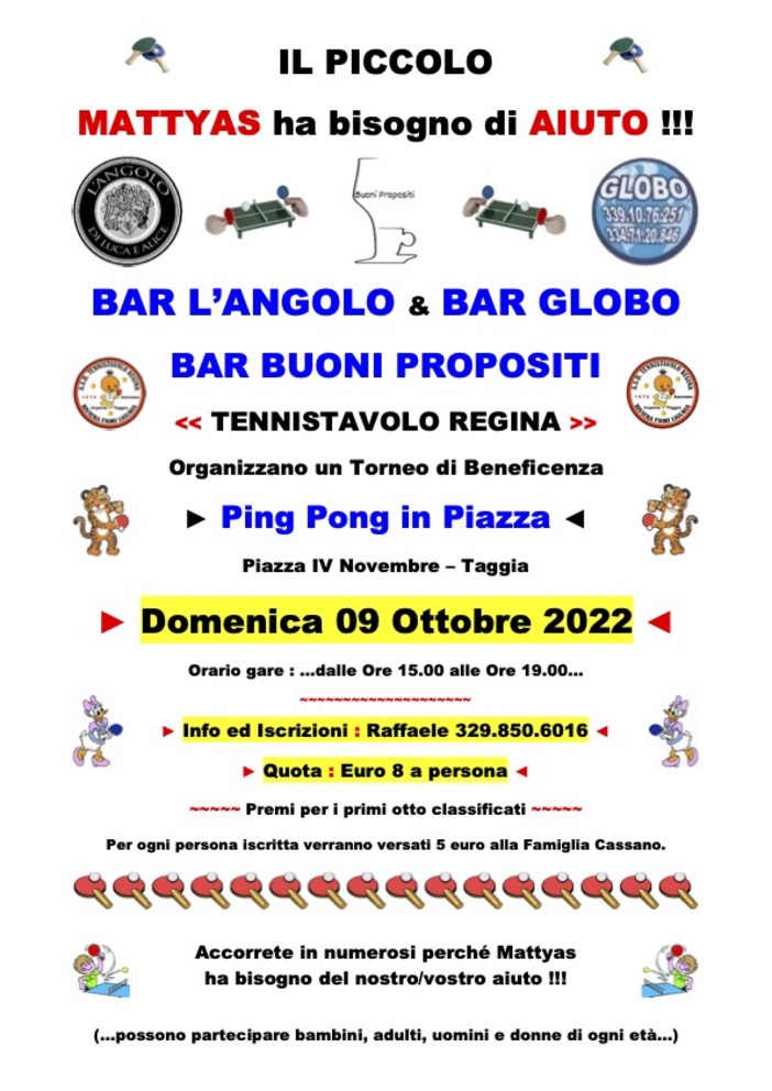 Domani a Taggia torneo benefico di ping pong per raccogliere fondi per il piccolo Mattyas