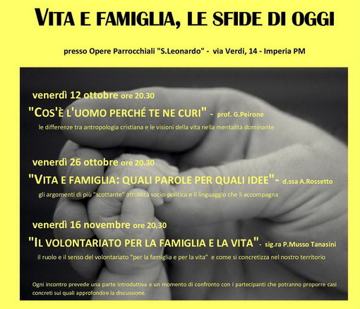 Imperia: serie di incontri organizzati dal 'Centro per la Famiglia e per la Vita'