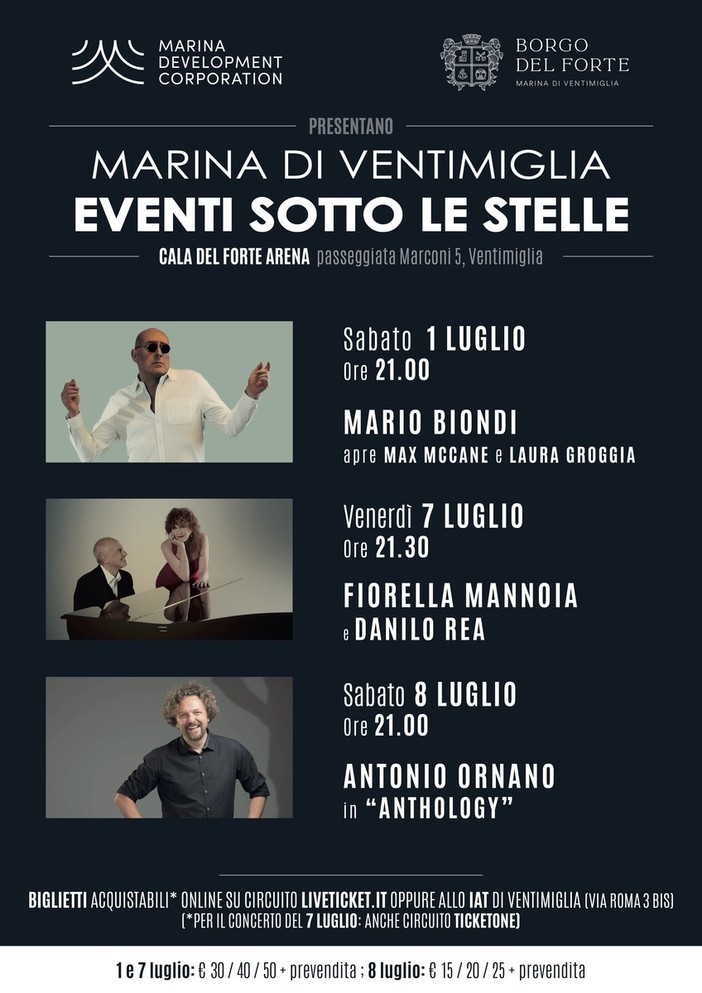Ventimiglia: a luglio 'Eventi sotto le stelle con MDC, ospiti Mario Biondi, Fiorella Mannoia e Antonio Ornano