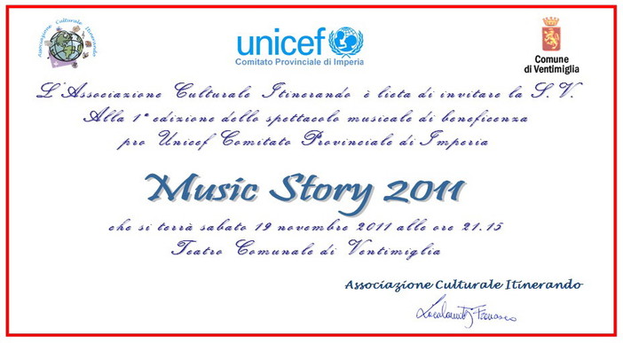 Ventimiglia: sabato prossimo al 'Teatro Comunale' lo spettacolo per l'Unicef 'Music Story'