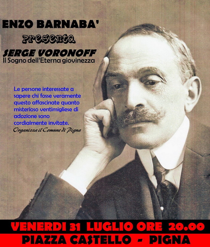 Pigna: domani, conferenza di Enzo Barnabà, autore del libro 'Il Sogno dell’Eterna giovinezza. Vita e misteri di serge Voronoff'