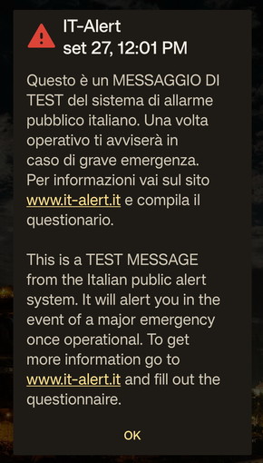 Arrivato sui cellulari della nostra provincia 'It Alert': suono impossibile da ignorare e messaggio vocale (Foto)