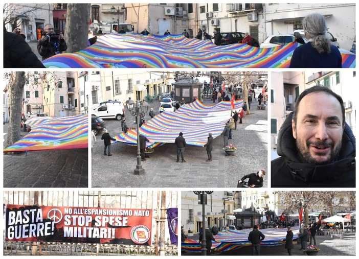 Sanremo: partiti della sinistra e associazioni con un lungo bandierone per dire un secco 'NO' alla guerra (Foto e Video)