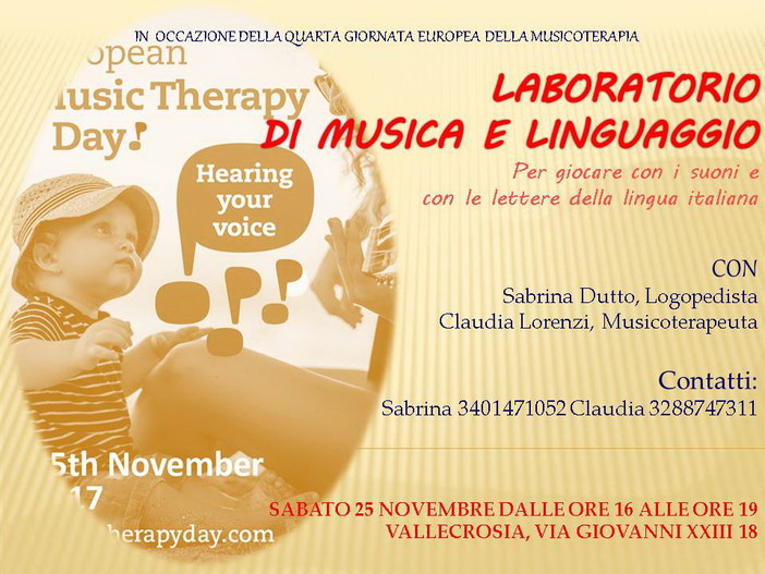 Vallecrosia: sabato prossimo, pomeriggio di laboratori musicali e lessicali per la 'Giornata della Musicoterapia'