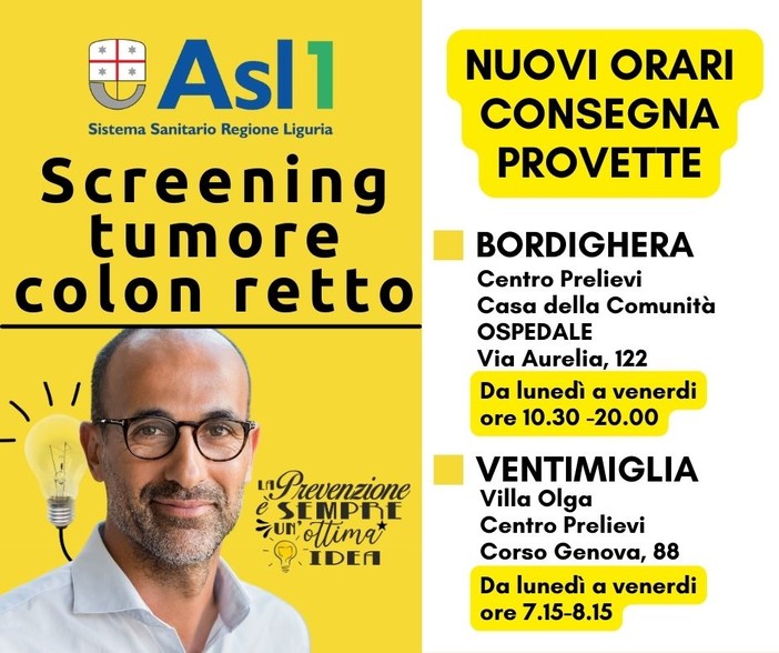 Screening tumore colon retto, ecco i nuovi orari nel distretto di Ventimiglia