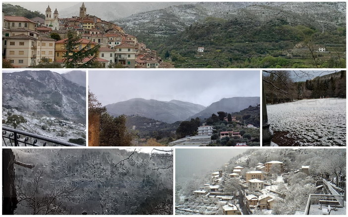 L'entroterra di Sanremo imbiancato e, sotto, la neve a Triora, Ceriana, San Romolo, Colle Melosa e Bajardo