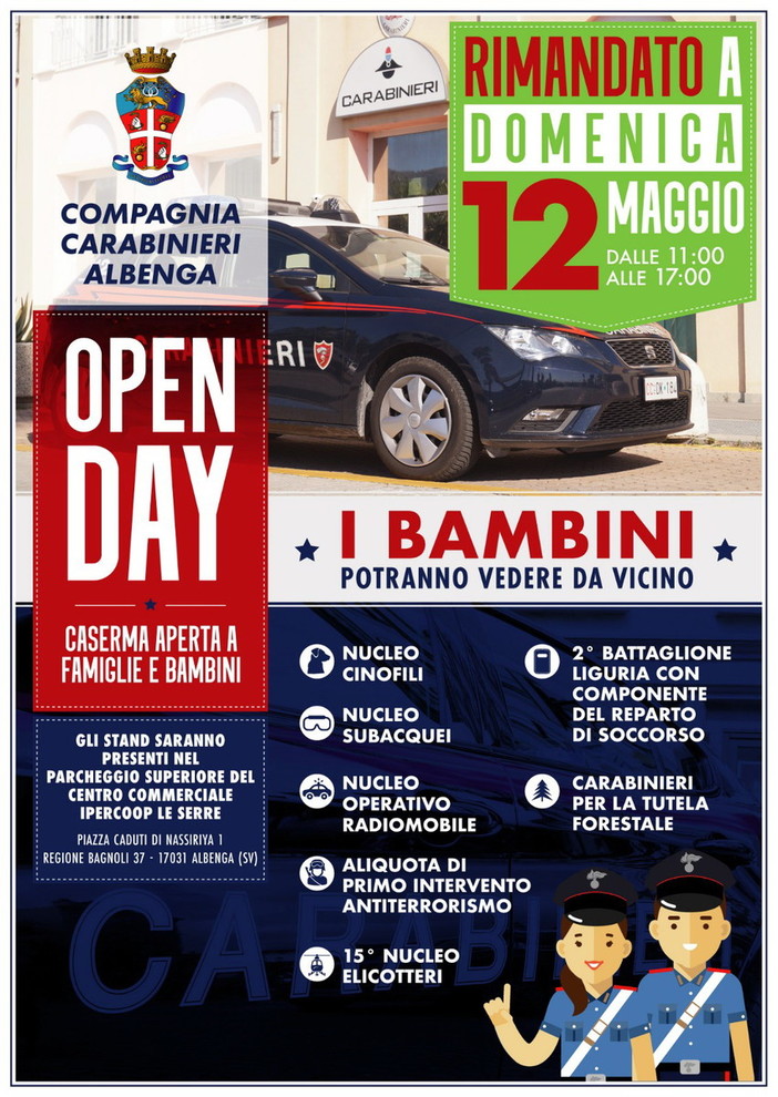 Albenga: domenica prossima appuntamento con l'Open Day alla caserma dei Carabinieri ingauni