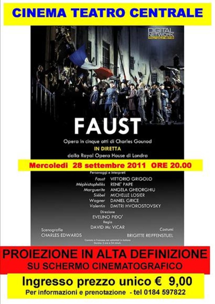 Sanremo: mercoledì prossimo al Cinema Centrale, l'opera 'Faust' in HD