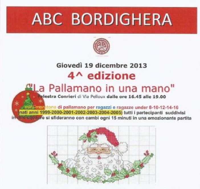 Oggi pomeriggio la 4a edizione della 'Pallamano in una mano' organizzata dall’Abc Bordighera ed aperta a tutti