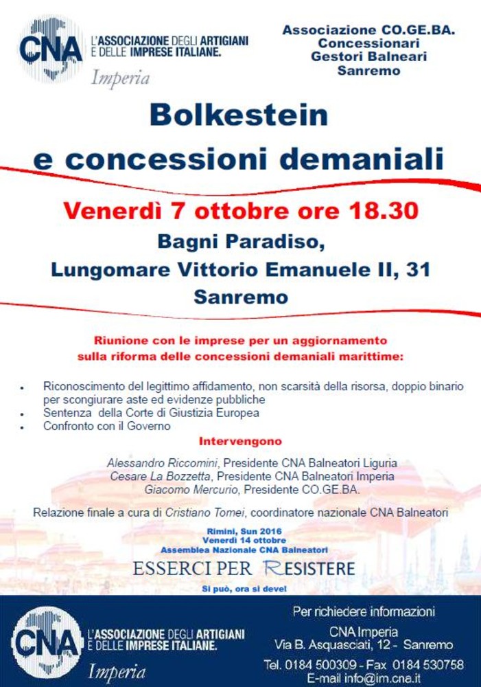 Sanremo: oggi pomeriggio ai Bagni Paradiso incontro su ‘Bolkestein e concessioni demaniali’