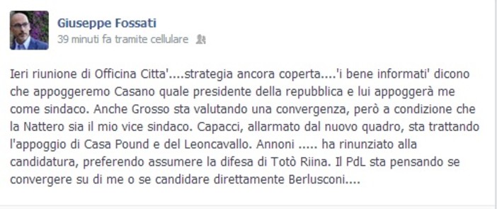 Imperia: post ironico di Giuseppe Fossati (Officina Città) sulla riunione decisiva sulle alleanze elettorali, ancora incerta l'alleanza con il Pdl?