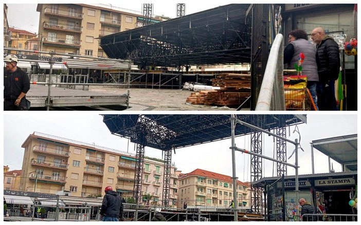 Festival di Sanremo 2024: in piazza Colombo il palco inizia a prendere forma, innalzato il tetto (Foto)
