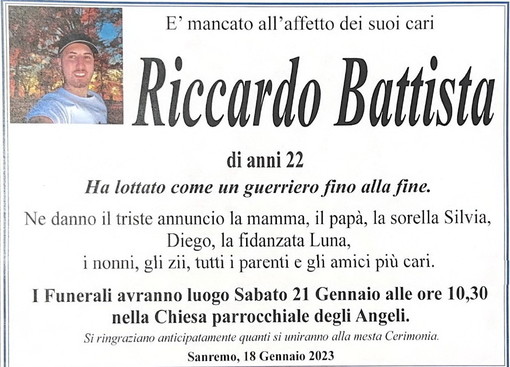 Sanremo: sabato mattina alla chiesa degli Angeli i funerali di Riccardo Battista, il 22enne morto stamattina