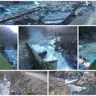 Val Nervia: la piena del Rio Gordale ha abbattuto un palo Telecom e rotto gli argini, strada chiusa (Foto)