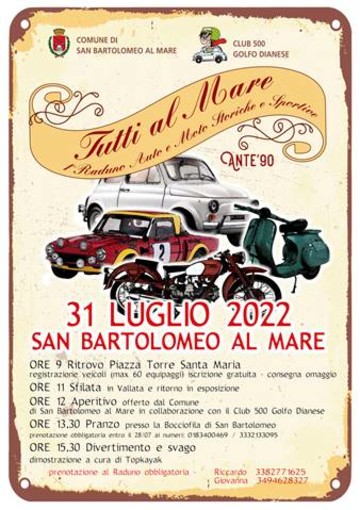 San Bartolomeo al Mare: domenica primo raduno di auto e moto storiche ante '90 'Tutti al mare'