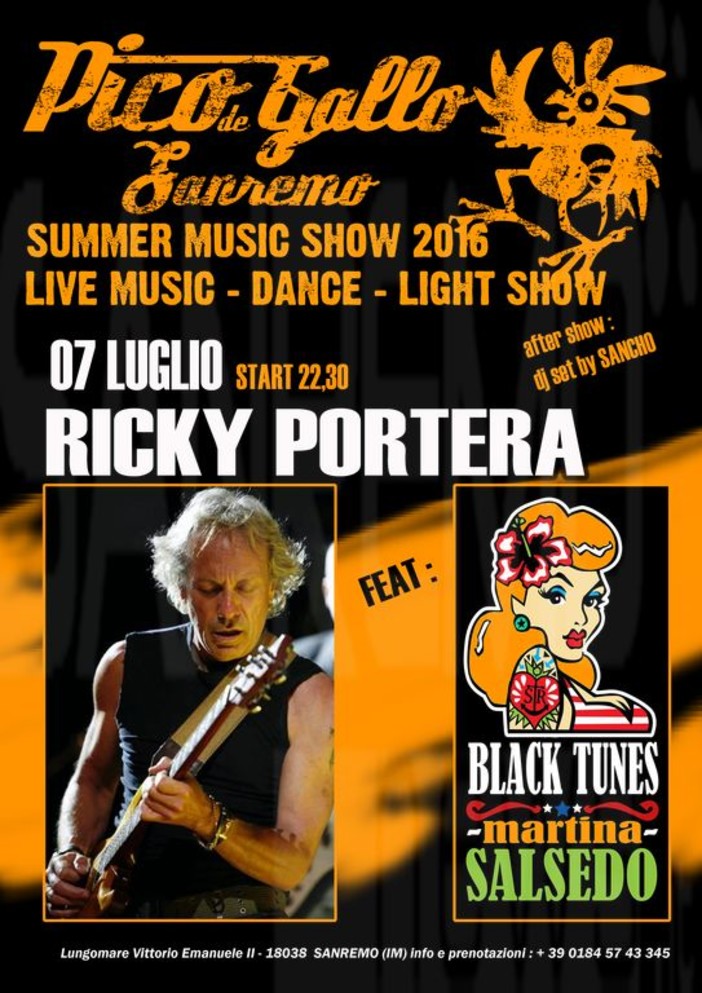 Sanremo: per il ciclo &quot;Summer Music Show&quot;al Pico de Gallo appuntamento speciale con Ricky Portera