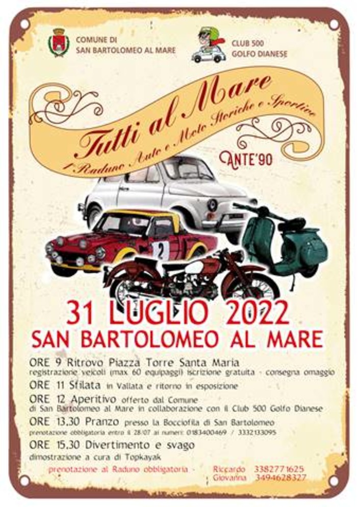 San Bartolomeo al Mare: domenica primo raduno di auto e moto storiche ante '90 'Tutti al mare'