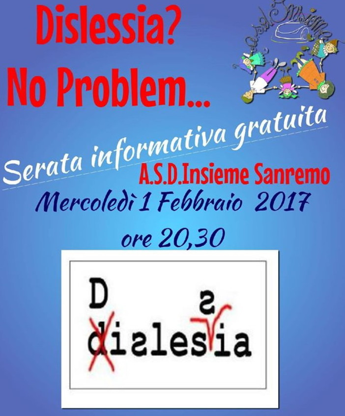 Sanremo: mercoledì 1° febbraio l'associazione 'Insieme' organizza una serata informativa sulla Dislessia