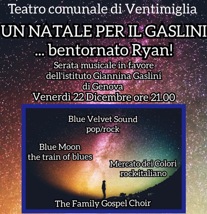 Ventimiglia: il 22 dicembre una serata di beneficienza per il Gaslini con il supporto della famiglia di Ryan