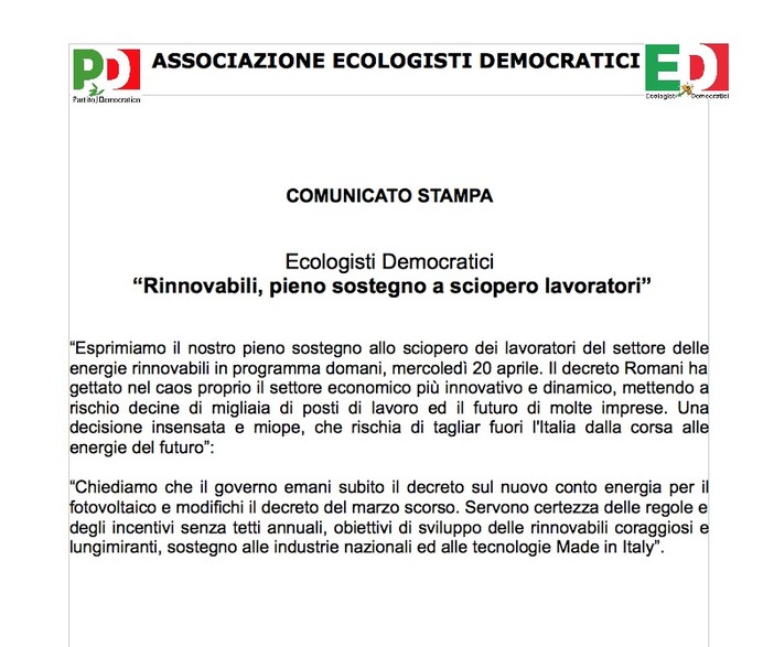 Dagli &quot;Ecologisti Democratici&quot; pieno sostegno allo sciopero lavoratori delle rinnovabili &quot;ma anche&quot; al carbon fossile?