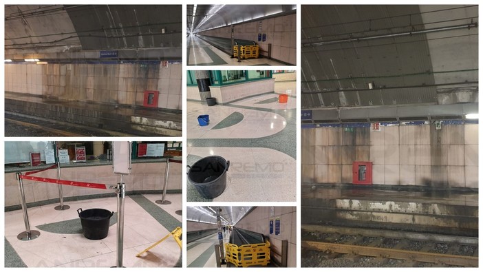 Sanremo: piove nella stazione di corso Cavallotti, perdite d'acqua sui binari e bacinelle all'ingresso (Foto)