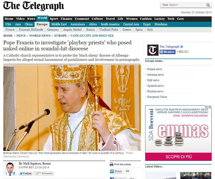 Dopo le smentite della Diocesi di alcuni giorni fa anche il 'The Telegraph' scrive sul caso del Vescovo Oliveri