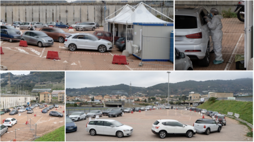 Via al nuovo drive tamponi covid nel parcheggio della stazione di Taggia, traffico sostenuto ma senza criticità