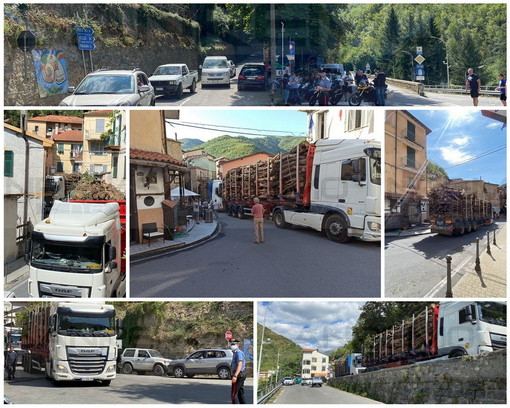 Molini di Triora: tir 'incastrati' in centro del paese, traffico paralizzato per oltre un'ora in valle Argentina (Foto)