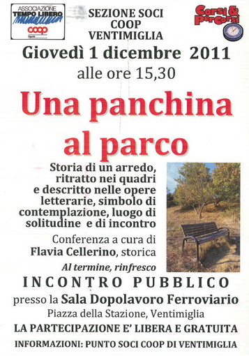 Ventimiglia: oggi pomeriggio al dopolavoro una conferenza su 'Una panchina al parco'