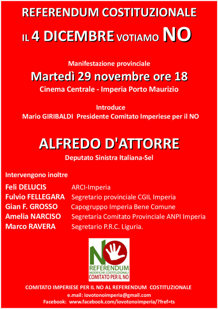 Imperia: incontro per il &quot;Comitato del No alla riforma Costituzionale&quot; al Cinema Centrale