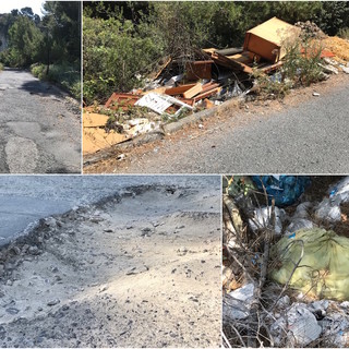 Sanremo: a Bussana l’abbandono di via Frantoi e Canai tra buche sempre più profonde e una discarica che si allarga a vista d’occhio (Foto e Video)