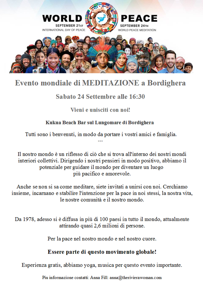 Bordighera: evento mondiale di meditazione, in occasione della giornata della pace