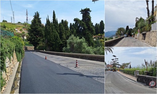 Bordighera, continuano i lavori di asfaltatura: intervento in via dei Colli (Foto)
