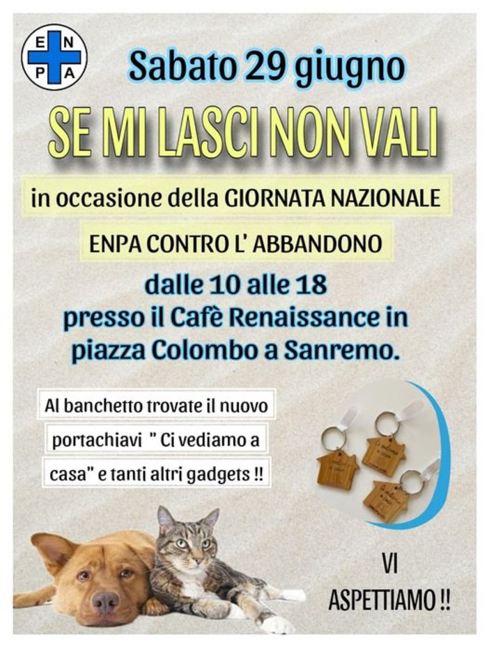 Sanremo: sabato prossimo banchetto ENPA al Cafè Renaissance di Piazza Colombo