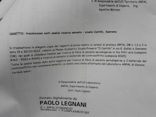 Una copia delle analisi Arpal inviate al Comune