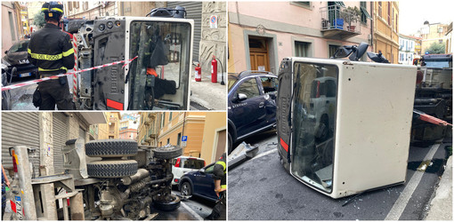 Camioncino ribaltato in via Goethe a Sanremo, illeso il conducente