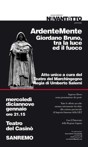 Sanremo: a teatro, &quot;Giordano Bruno, tra la luce ed il fuoco&quot;