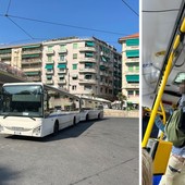 In foto l'attesa degli utenti alla fermata dei bus di piazza Colombo e la scena di un guasto al sistema di aria condizionata di un mezzo diretto a Taggia