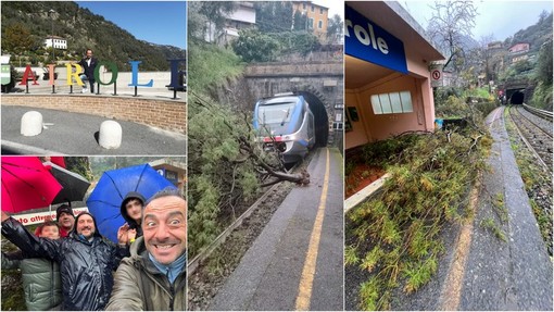 Airole, albero cade sulla linea ferroviaria: sindaco e residenti al lavoro per sgomberare i binari (Foto)