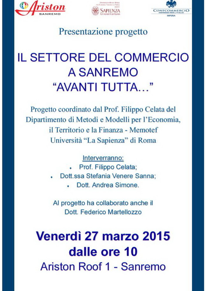 Venerdì prossimo, presentazione progetto &quot;Il settore del commercio a Sanremo 'Avanti tutta...'&quot;