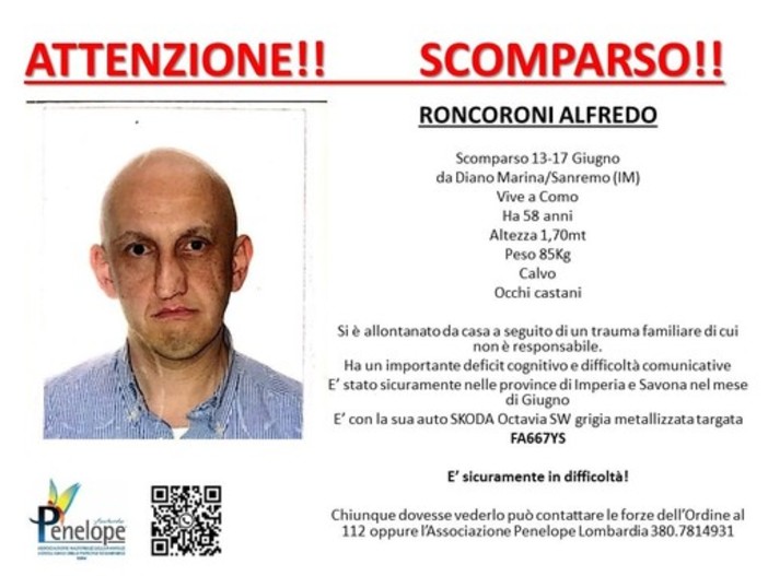 Alfredo Roncoroni si è allontanato da casa, ricerche anche in provincia di Imperia