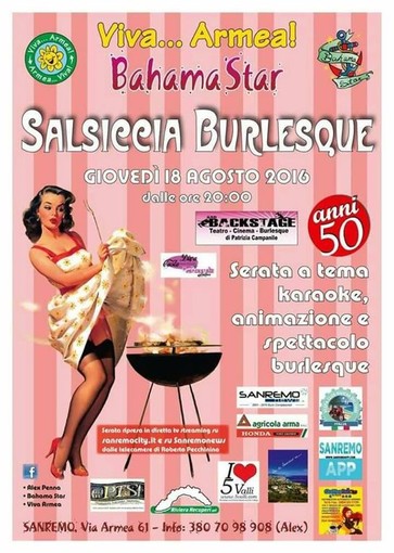 Sanremo: questo giovedì al Bahama Star serata &quot;Salsiccia Burlesque&quot;, con karaoke, menù bracerie e spettacolo burlesque