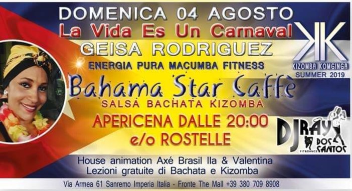 Domenica 4 agosto al Bahama Star serata sulle note dell'Onda Cubana con la special guest Geisa Rodriguez