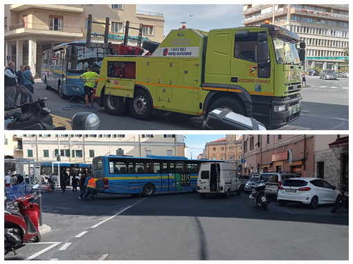 Bus della Riviera Trasporti in panne in largo Piana a Imperia, interviene il soccorso stradale